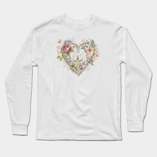 Vintage Look Floral Heart Long Sleeve T-Shirt